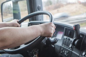 bus driver on steering wheel